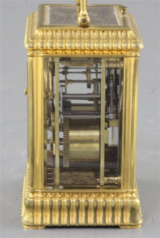 An Henri Jacot gorge-variant ormolu cased hour repeating carriage clock, 4.75in. with leather travelling case.